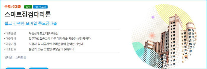 우리은행 스마트징검다리론 모바일 분양 아파트 중도금 대출 자격조건, 한도, 금리, 중도상환수수료, 필요서류 95 2